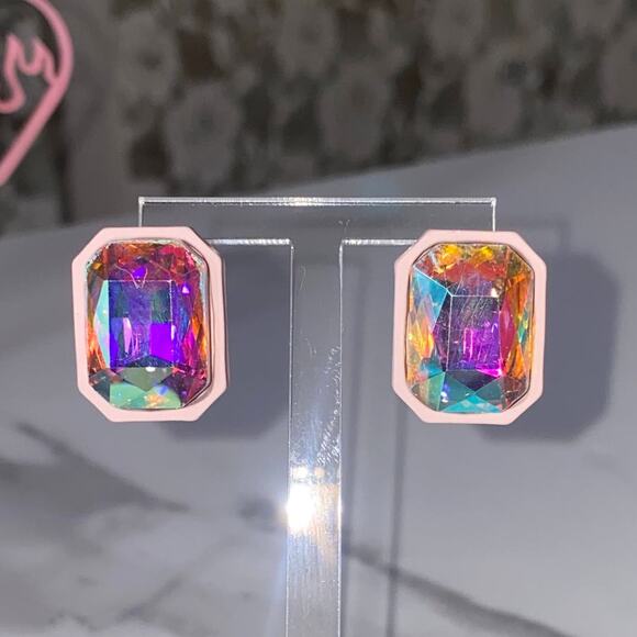 New Pink Rhinestone Iridescent Emerald Cut Scissor Stud Earrings Jewel Rectangle - Picture 3 of 4
